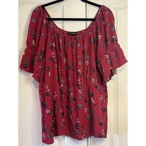 Lane Bryant Top Blouse size 20 Red Floral Short Sleeve Peplum Stretch Casual